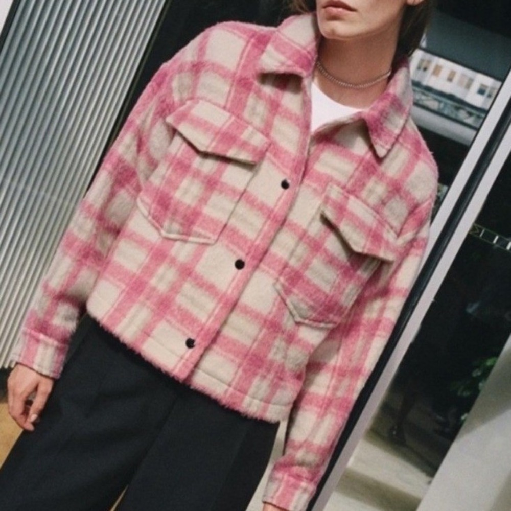 Zara pink Plaid Shirt Jacket Womens XL Pink White Cropped Shacket Flannel